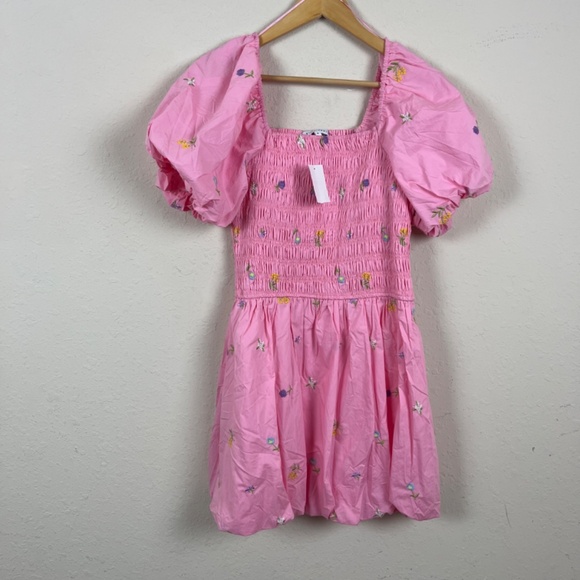 English Factory Smocked Ballon Sleeve Pink Mini Dress Size Medium - Picture 2 of 8